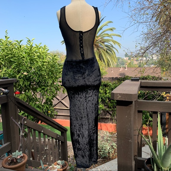 VINTAGE Black Crushed Velvet Sheer Paneled Side Slit Midi Dress size Small - Picture 10 of 11
